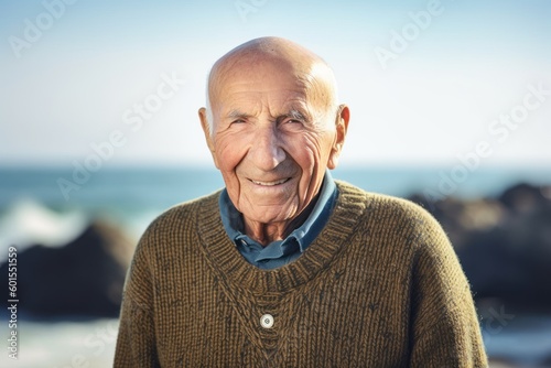 Group portrait photography of a grinning elderly 100 years old man wearing a cozy sweater against an island or beach paradise background. Generative AI