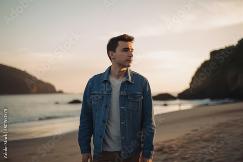 Handsome young man standing on the beach at sunset in the evening