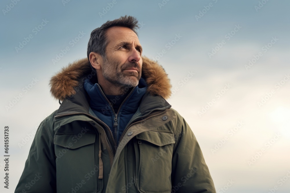 Handsome middle-aged man in winter jacket looking away against cloudy sky Handsome middle-aged man in winter jacket looking away against cloudy sky