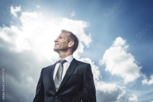 Businessman looking up against cloudy sky background. Success and leadership concept