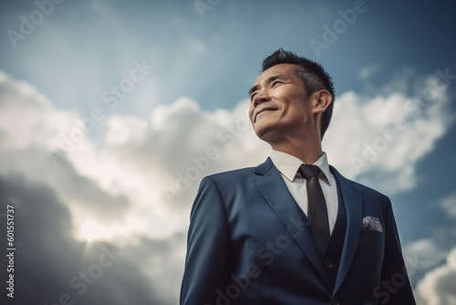 Businessman in blue suit smiling and looking up with cloudy sky background