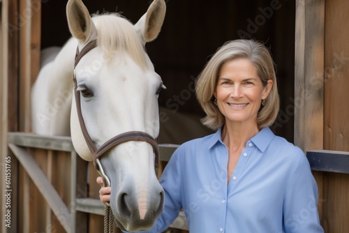 Portrait of smiling woman standing with white horse in stable at ranch