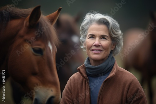 Portrait of smiling mature woman with horses in background, shallow depth of field