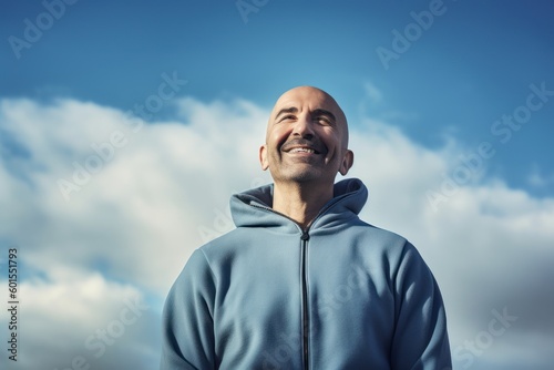 Portrait of a bald man in a blue hoodie against the sky