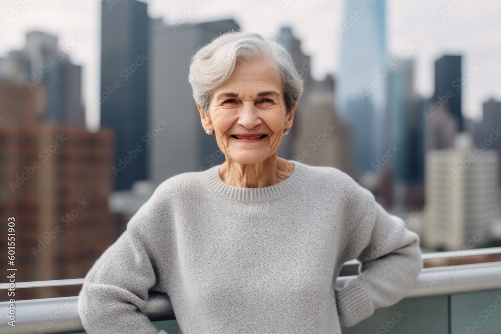 Portrait of smiling senior woman standing on balcony in New York City Portrait of smiling senior woman standing on balcony in New York City