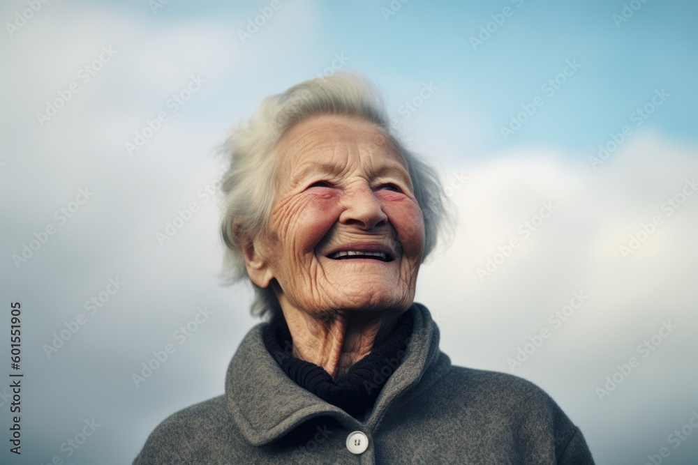 Portrait of happy senior woman smiling against cloudy sky. Elderly people lifestyle concept.
