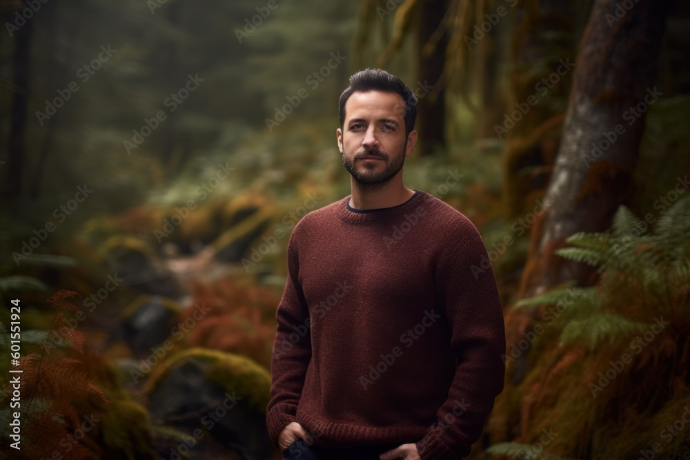 Portrait of a handsome bearded man in a red sweater standing in the forest