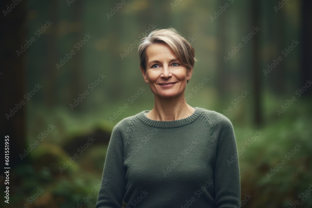 Portrait of smiling middle-aged woman in green sweater standing in forest Portrait of smiling middle-aged woman in green sweater standing in forest