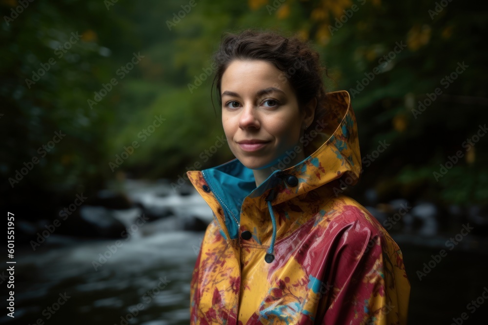 Portrait of a young woman in a raincoat standing by a river Portrait of a young woman in a raincoat standing by a river