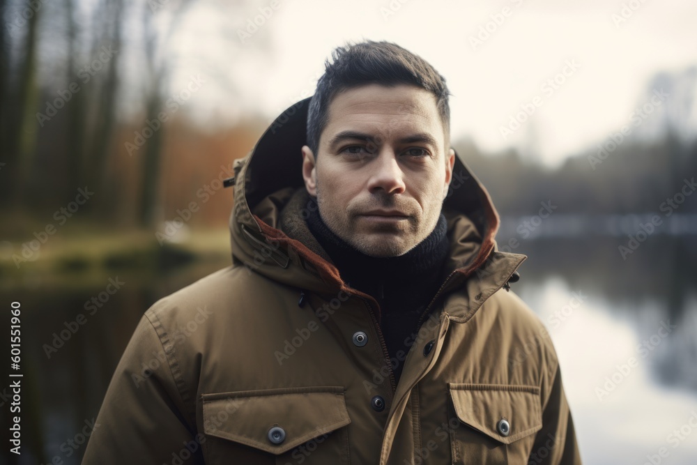 Portrait of a handsome young man in a winter jacket on a background of a lake