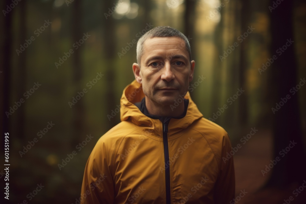 Portrait of a middle-aged man in a yellow jacket in the forest