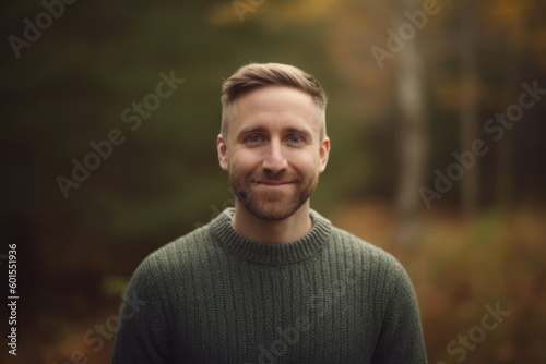 Portrait of a handsome bearded man in the autumn forest. Men's beauty, fashion.