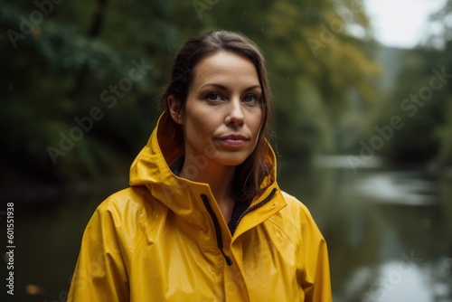 Portrait of a beautiful young woman in a yellow raincoat standing by the river. © Eber Braun