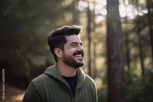 Portrait of a smiling man standing in a forest and looking away