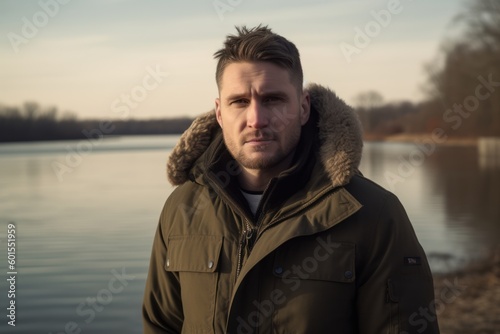 Handsome young man in a winter jacket standing by the river