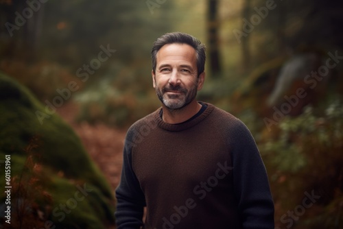 Portrait of handsome bearded man standing in autumn forest looking at camera