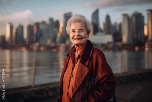 Portrait of a senior woman in New York City at sunset.