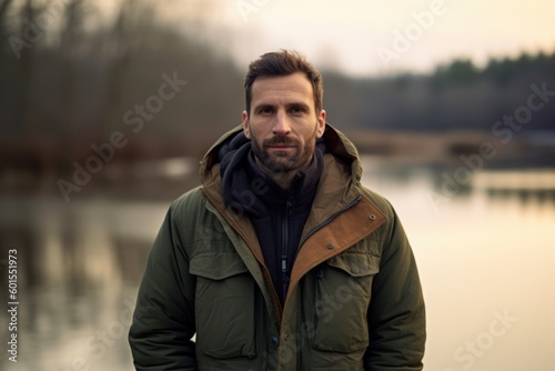 Portrait of a handsome bearded man in a green jacket with a hood
