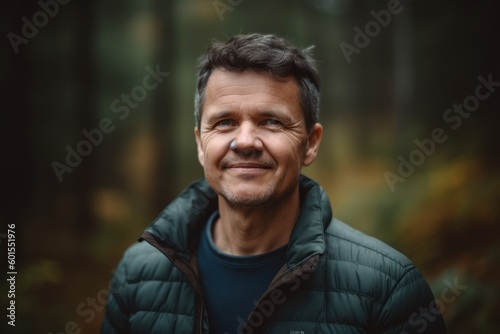 Portrait of a smiling man in the autumn forest. Portrait of a man in the forest.