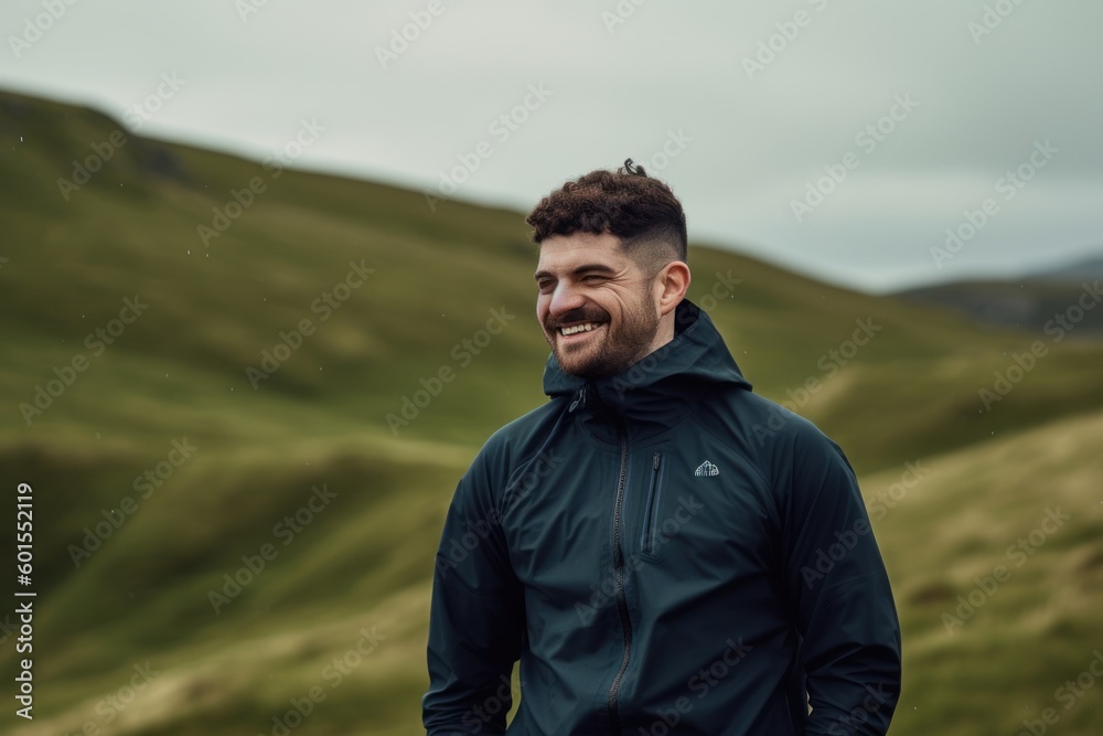 Handsome young man in a warm jacket standing on a hill and smiling