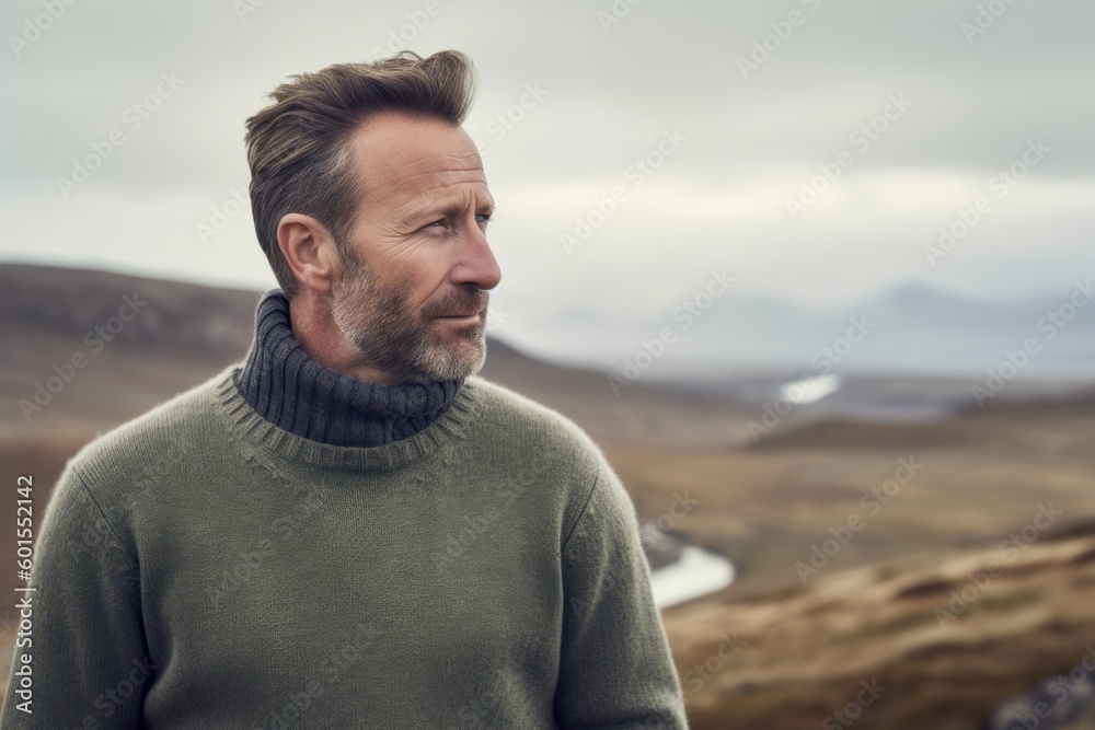 Handsome middle aged man looking away while standing in a mountain landscape Handsome middle aged man looking away while standing in a mountain landscape