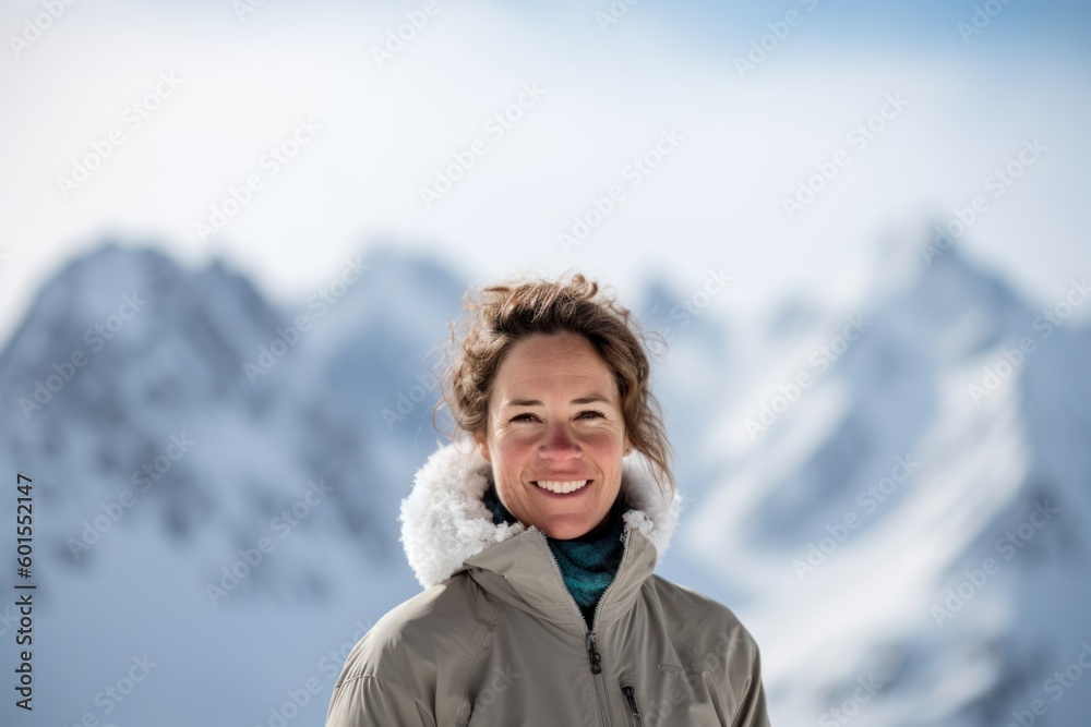 Portrait of a smiling woman in winter clothes against snowy mountain background Portrait of a smiling woman in winter clothes against snowy mountain background