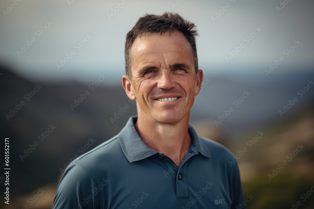 Portrait of smiling mature man standing on mountain top looking at camera Portrait of smiling mature man standing on mountain top looking at camera