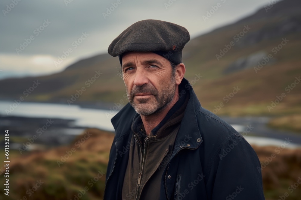 Portrait of a mature man wearing a cap and jacket standing in the Scottish Highlands