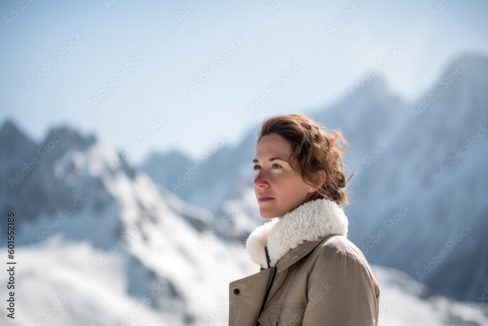 Portrait of a beautiful woman on the background of snowy mountains. Portrait of a beautiful woman on the background of snowy mountains.