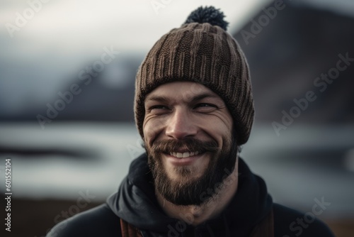 Portrait of a handsome young man in a hat and scarf smiling.