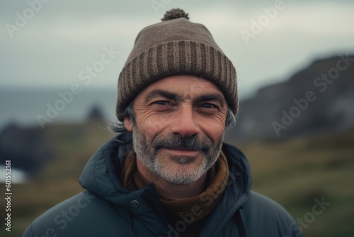 Portrait of a handsome middle aged man with grey beard wearing a warm hat and a blue jacket