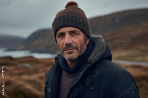 Portrait of a handsome middle-aged man in a knitted cap and coat, standing on a cliff, looking at the camera.