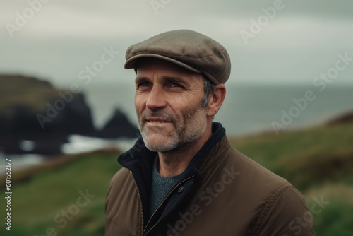Medium shot portrait photography of a pleased man in his 40s wearing a cool cap or hat against a windswept or dramatic landscape background. Generative AI © Anne-Marie Albrecht