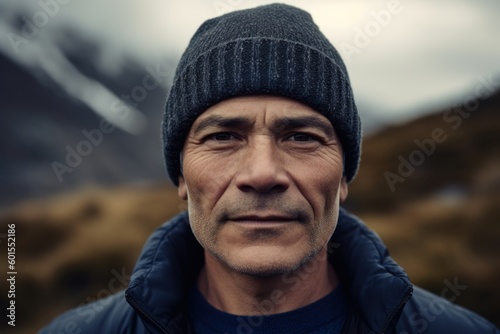 Portrait of a handsome mature man standing outdoors in the mountains.