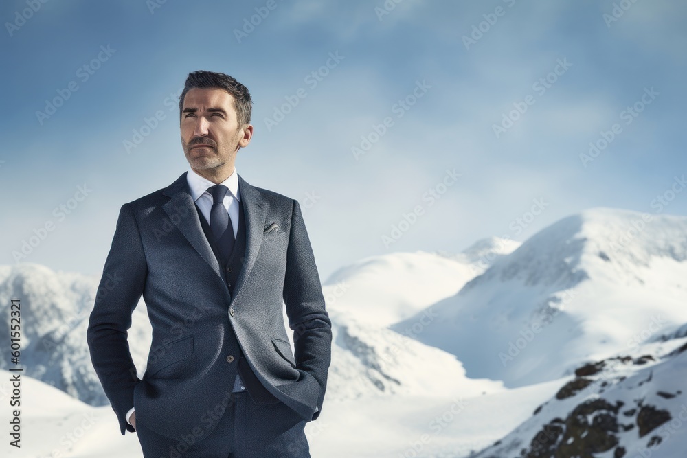 Confident businessman in suit looking at camera against snow covered mountain landscape Confident businessman in suit looking at camera against snow covered mountain landscape