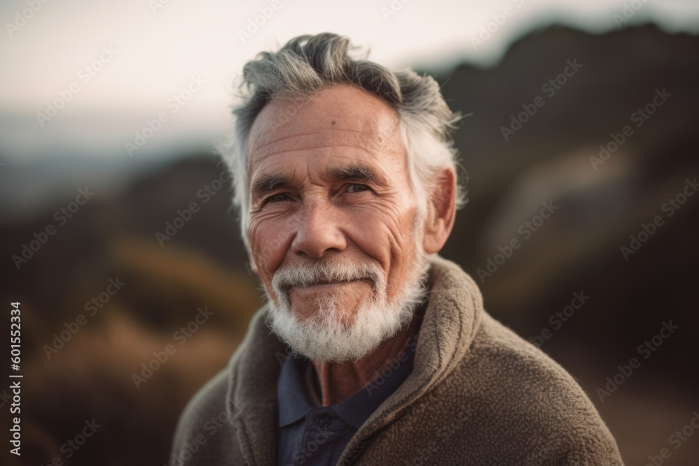 Portrait of a senior man with grey hair in the countryside.