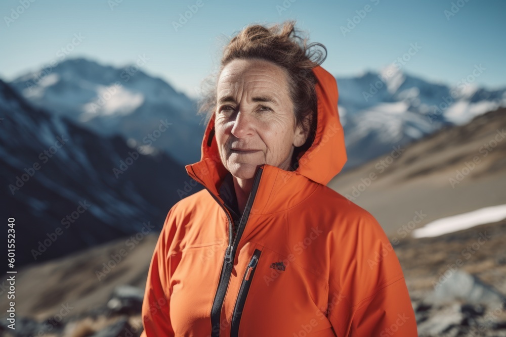 Portrait of a middle-aged woman in an orange jacket on the background of mountains