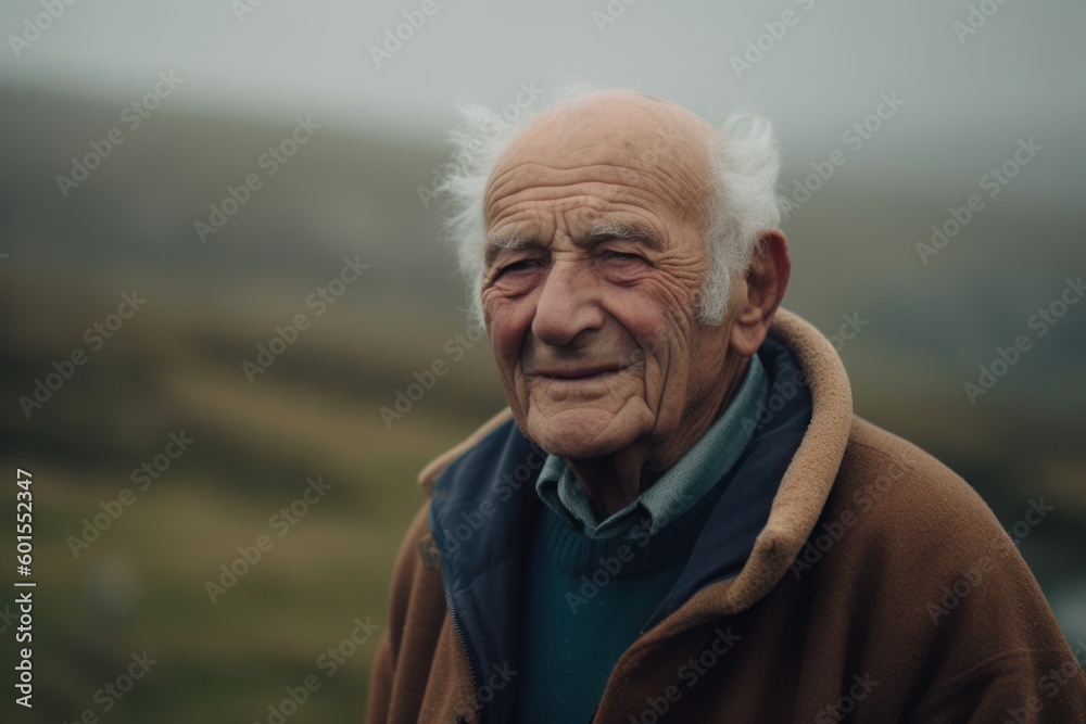 Portrait of an elderly man in the mountains on a foggy day