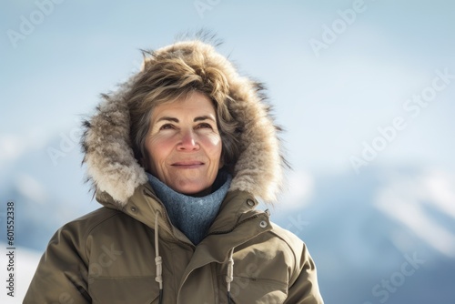 Mature woman in winter jacket looking at camera on snowy mountains background
