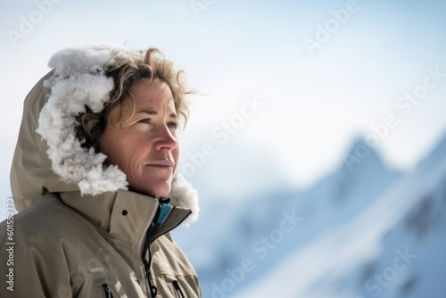 Senior woman standing in snow looking at the camera in the mountains.
