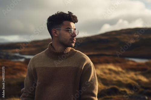 Portrait of a handsome young man with long curly hair wearing sweater and eyeglasses, standing on the top of a mountain in Scotland