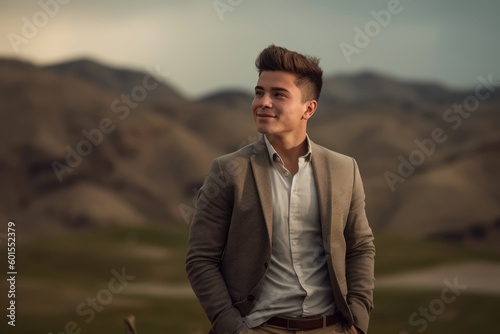 Handsome young man in a suit on the background of mountains