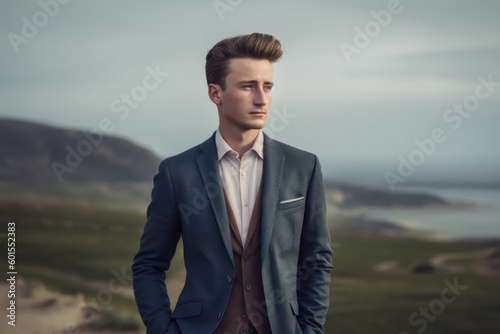 Handsome young elegant man in a blue suit standing on the edge of a cliff and looking into the distance