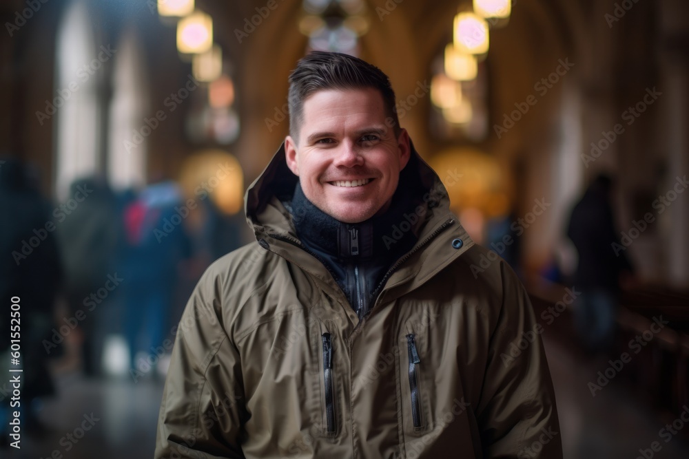 Portrait of a smiling man in a winter jacket in the city Portrait of a smiling man in a winter jacket in the city