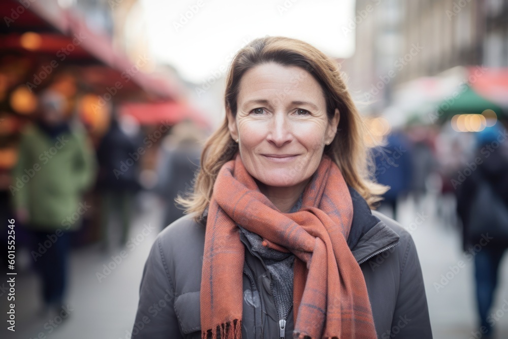 Portrait of mature woman with scarf at Christmas market in London, UK
