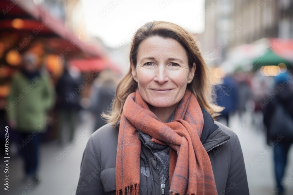 Portrait of mature woman with scarf at Christmas market in London, UK Portrait of mature woman with scarf at Christmas market in London, UK