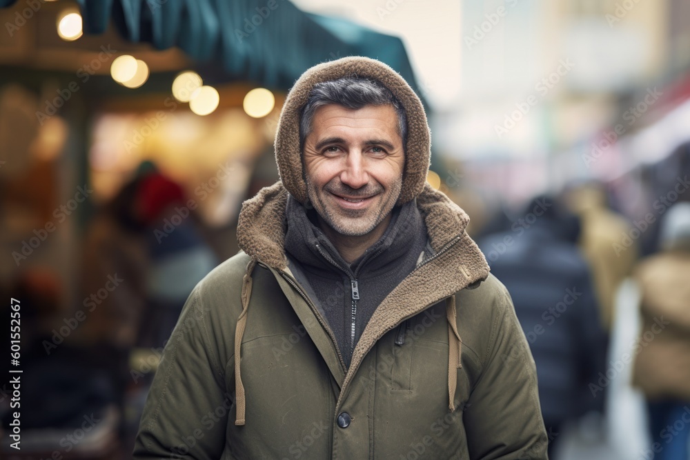 Portrait of a smiling man in a winter jacket on the street