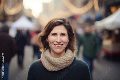 Lifestyle portrait photography of a pleased woman in her 40s wearing a cozy sweater against a bustling market or street scene background. Generative AI