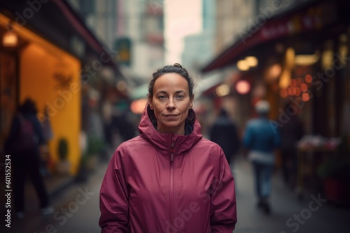 Young beautiful brunette woman in a pink jacket on a city street © Anne-Marie Albrecht