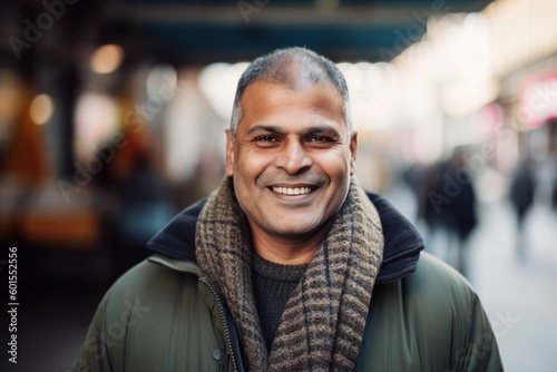 Portrait of happy Indian man smiling in the city, wearing warm clothes